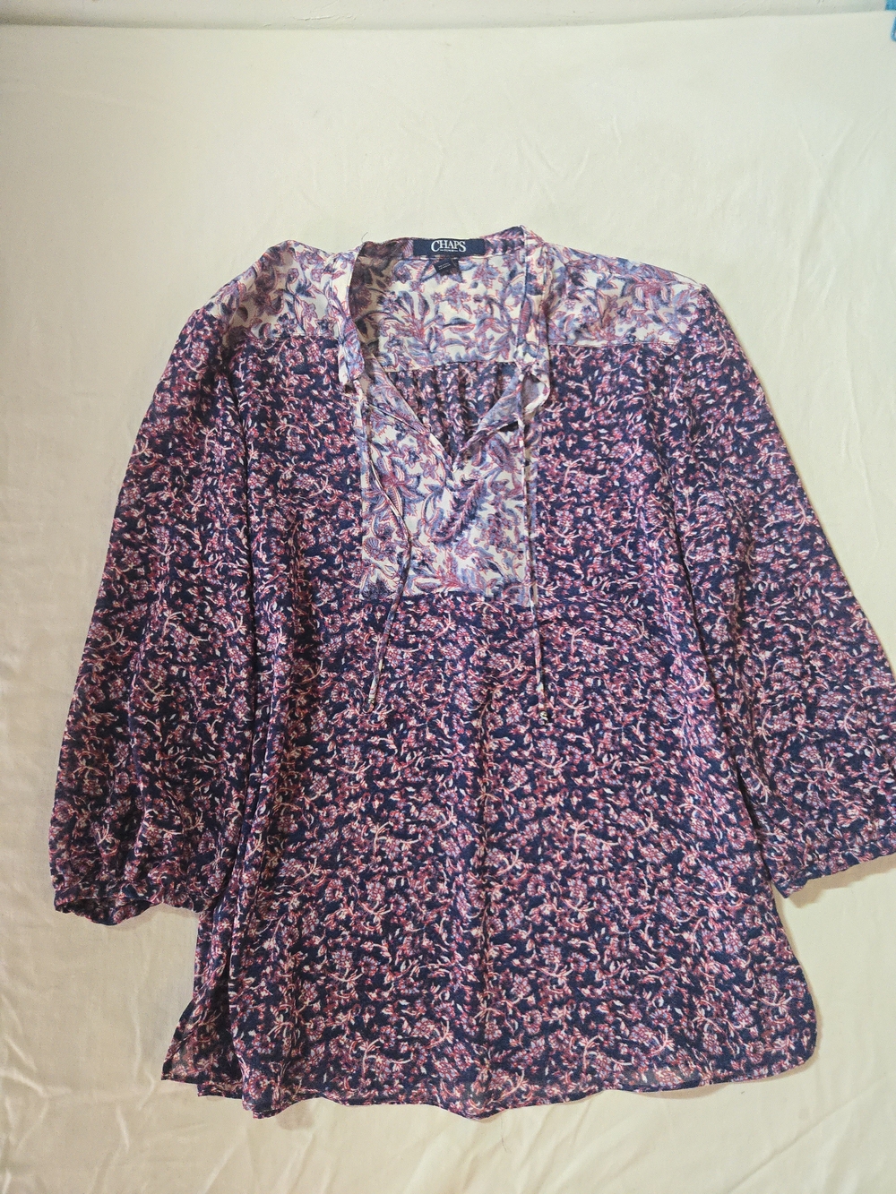 Chaps Purple and Pink Floral V-Neck Peasant Blouse